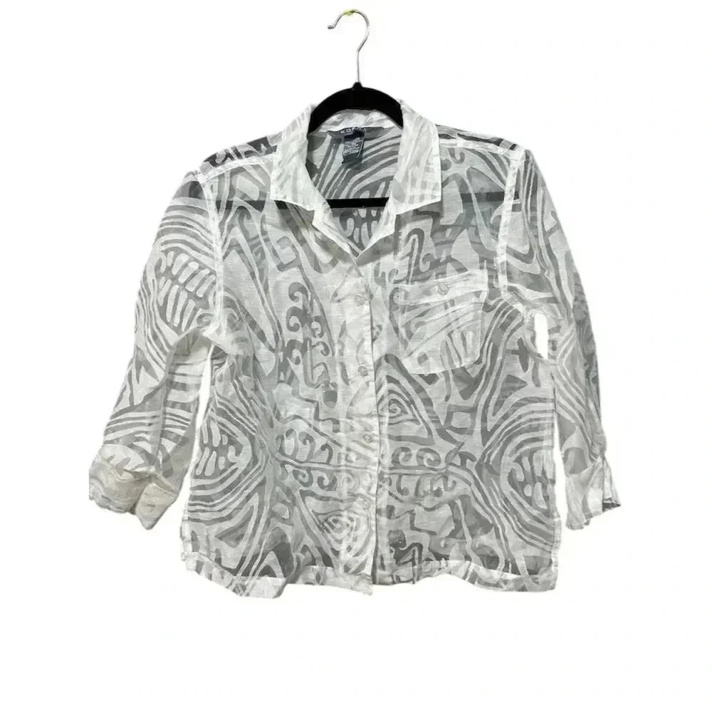 Koret Vintage Petite Women's White Sheer Geometric‎ Button-Up Blouse  3/4 Sleeve